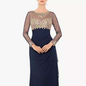 XSCAPE Embellished Formal Evening Long Sleeve Ruched Gown -Size 12